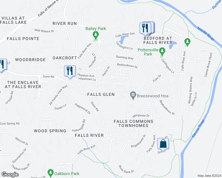 map of restaurants, bars, coffee shops, grocery stores, and more near 2031 Rivergate Road in Raleigh