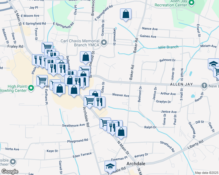 map of restaurants, bars, coffee shops, grocery stores, and more near 506 East Fairfield Road in High Point