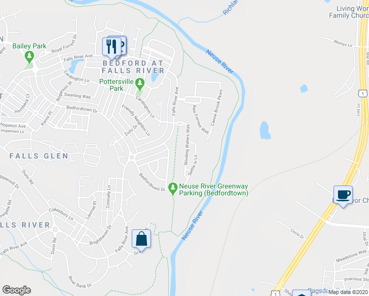 map of restaurants, bars, coffee shops, grocery stores, and more near 3045 Winding Water Way in Raleigh