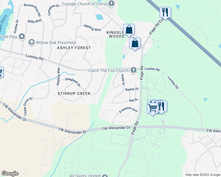 map of restaurants, bars, coffee shops, grocery stores, and more near 1709 Shiva Court in Durham