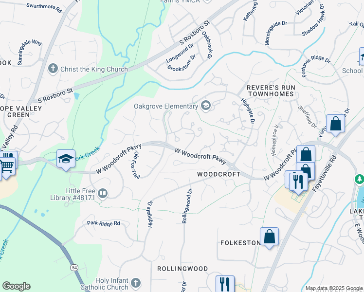 map of restaurants, bars, coffee shops, grocery stores, and more near 101 Weathersfield Drive in Durham