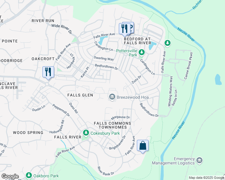 map of restaurants, bars, coffee shops, grocery stores, and more near Raven Road in Raleigh