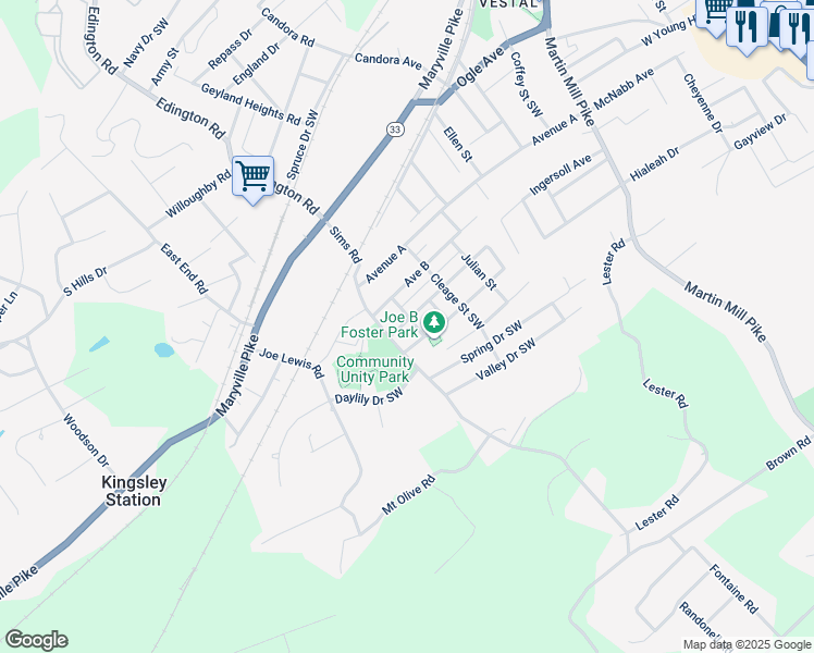 map of restaurants, bars, coffee shops, grocery stores, and more near 1100 Avenue C in Knoxville