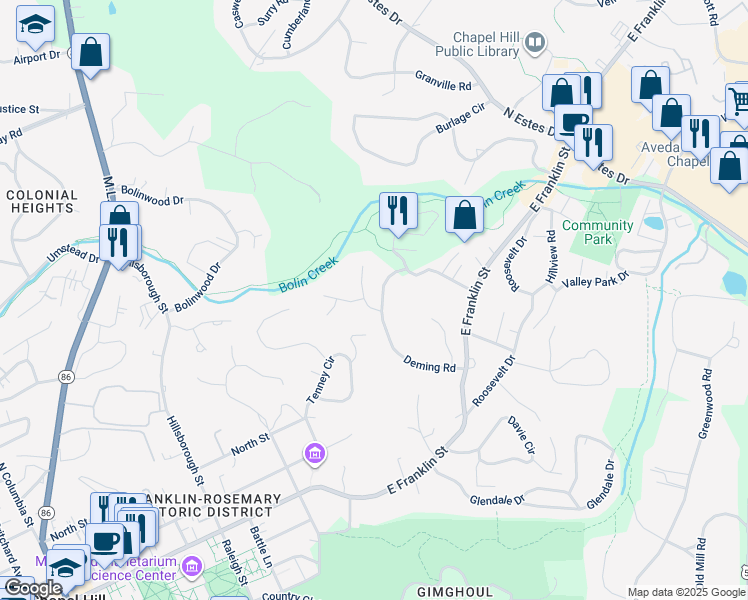 map of restaurants, bars, coffee shops, grocery stores, and more near 200 Deepwood Road in Chapel Hill