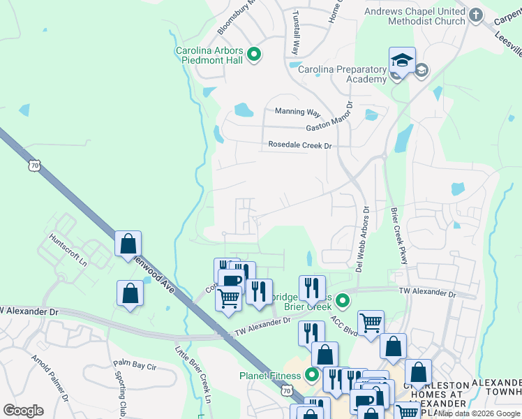 map of restaurants, bars, coffee shops, grocery stores, and more near 1025 Andrews Chapel Road in Durham