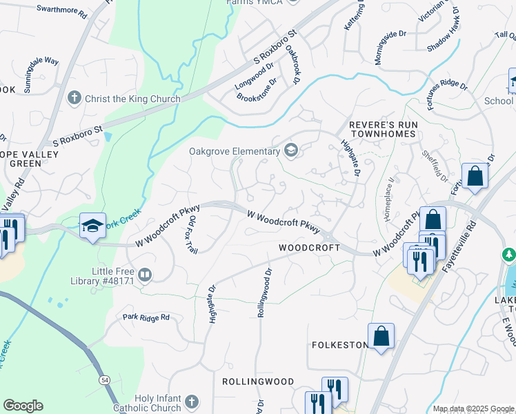 map of restaurants, bars, coffee shops, grocery stores, and more near 101 Weathersfield Drive in Durham