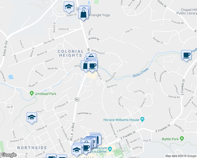 map of restaurants, bars, coffee shops, grocery stores, and more near 609 Hillsborough Street in Chapel Hill