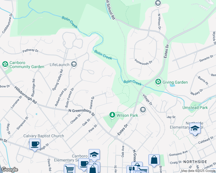 map of restaurants, bars, coffee shops, grocery stores, and more near 193 Viburnum Way in Carrboro