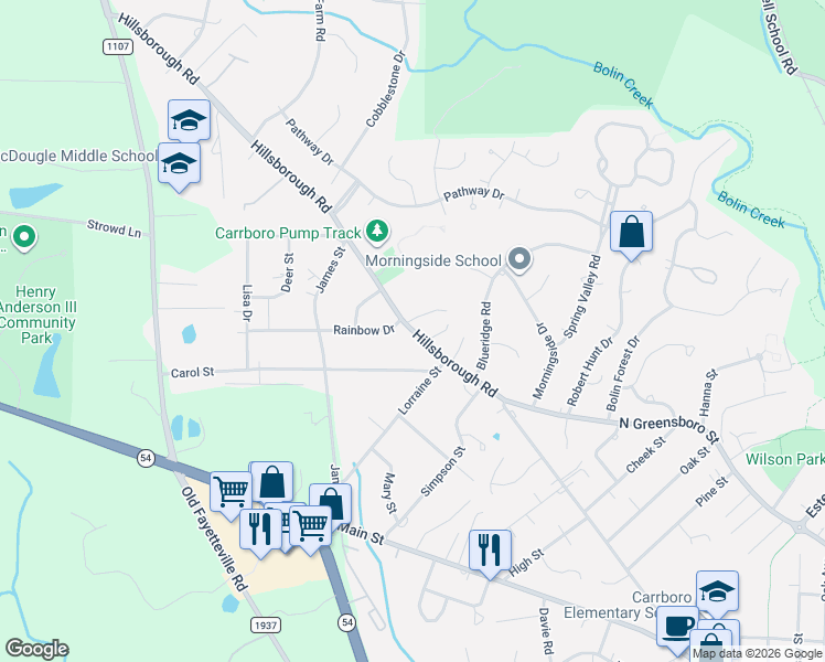 map of restaurants, bars, coffee shops, grocery stores, and more near 101 Rainbow Drive in Carrboro