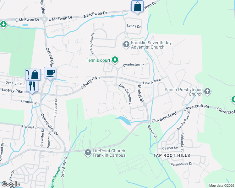 map of restaurants, bars, coffee shops, grocery stores, and more near 1217 Limerick Lane in Franklin