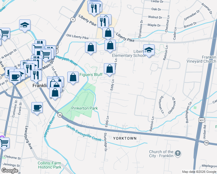 map of restaurants, bars, coffee shops, grocery stores, and more near 405 Eddy Lane in Franklin