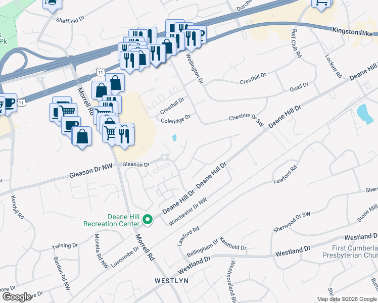 map of restaurants, bars, coffee shops, grocery stores, and more near 7236 Wellsley Manor Way in Knoxville