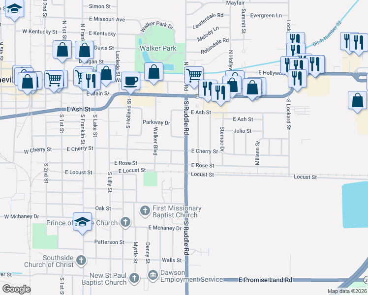 map of restaurants, bars, coffee shops, grocery stores, and more near 723 East Cherry Street in Blytheville