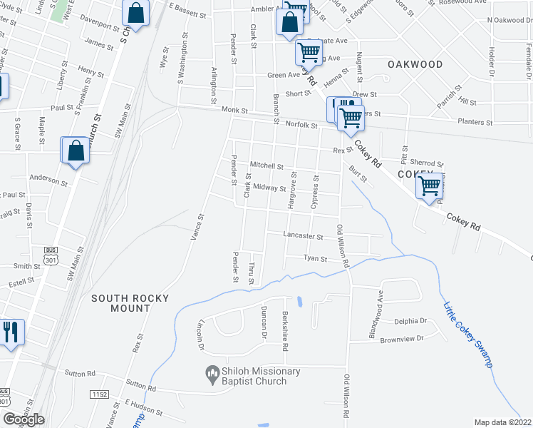 map of restaurants, bars, coffee shops, grocery stores, and more near 699 Daughtridge Street in Rocky Mount