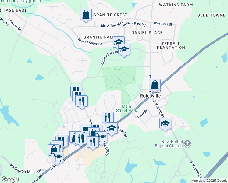 map of restaurants, bars, coffee shops, grocery stores, and more near 304 Brown Circle in Rolesville