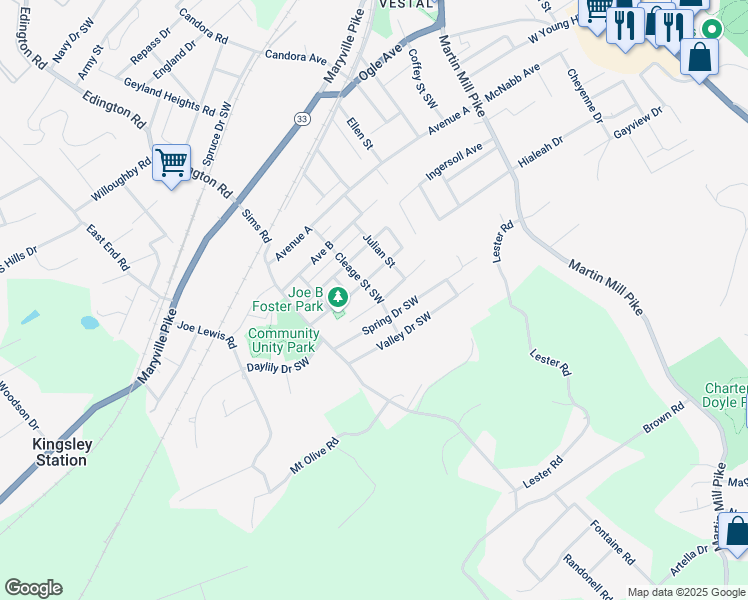 map of restaurants, bars, coffee shops, grocery stores, and more near 1001 Drive East in Knoxville