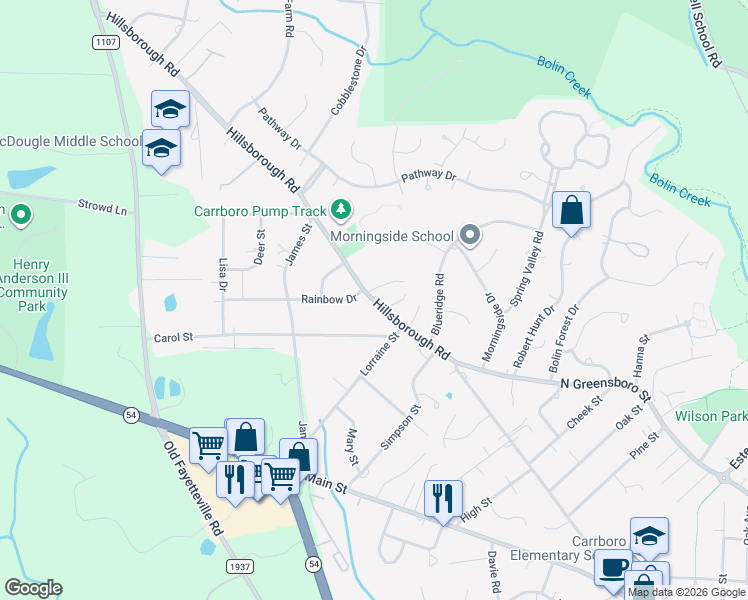 map of restaurants, bars, coffee shops, grocery stores, and more near 101 Rainbow Drive in Carrboro