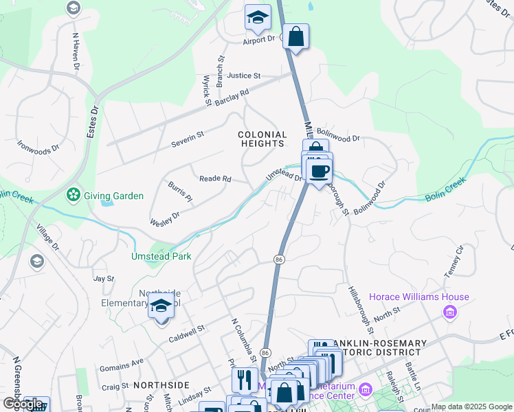 map of restaurants, bars, coffee shops, grocery stores, and more near 220 Greene Street in Chapel Hill