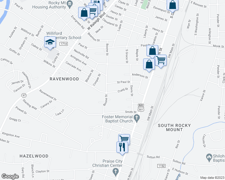 map of restaurants, bars, coffee shops, grocery stores, and more near 442 Craig Street in Rocky Mount