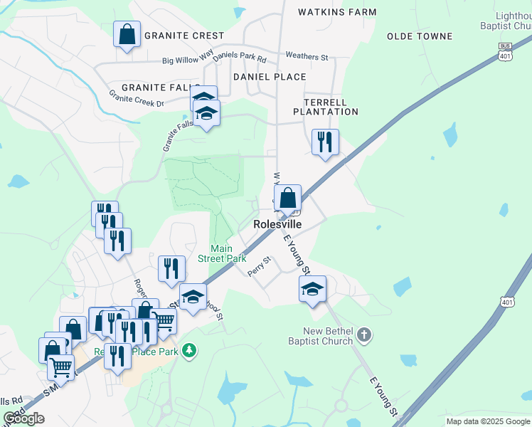 map of restaurants, bars, coffee shops, grocery stores, and more near in Rolesville