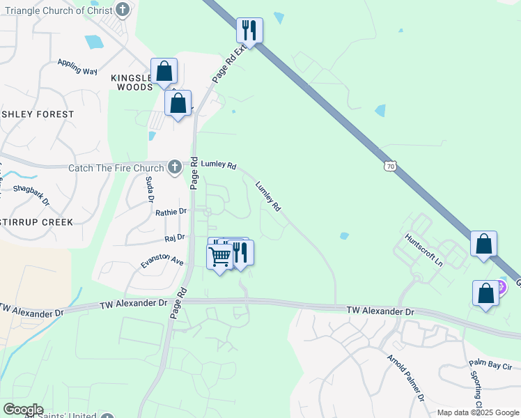 map of restaurants, bars, coffee shops, grocery stores, and more near 104 Spaniel Drive in Morrisville