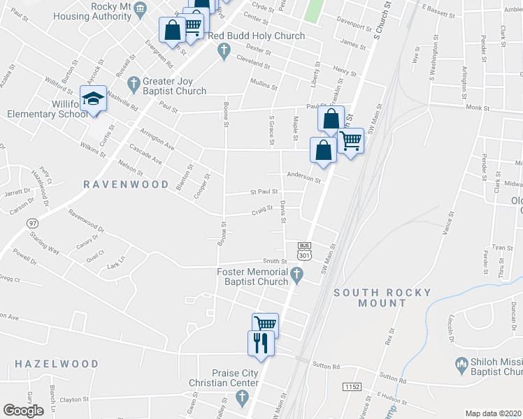 map of restaurants, bars, coffee shops, grocery stores, and more near 401 Craig Street in Rocky Mount