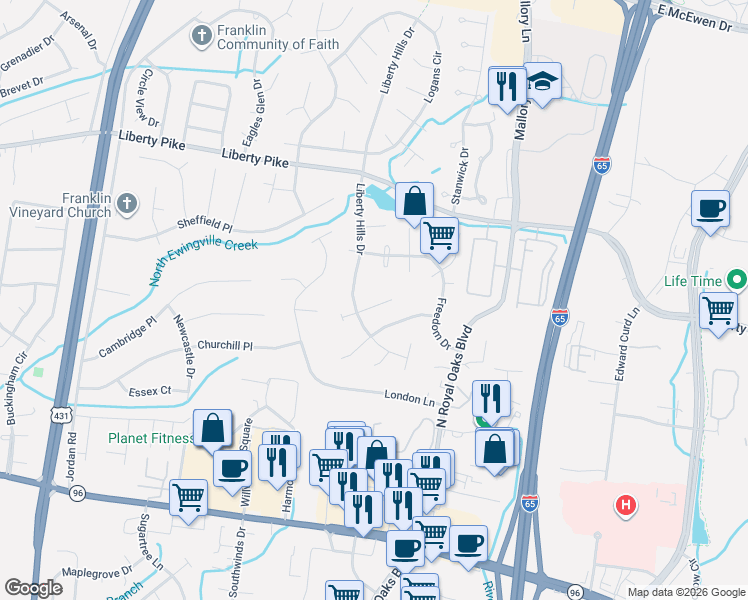 map of restaurants, bars, coffee shops, grocery stores, and more near 733 East Statue Court in Franklin