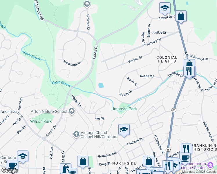 map of restaurants, bars, coffee shops, grocery stores, and more near 500 Umstead Drive in Chapel Hill