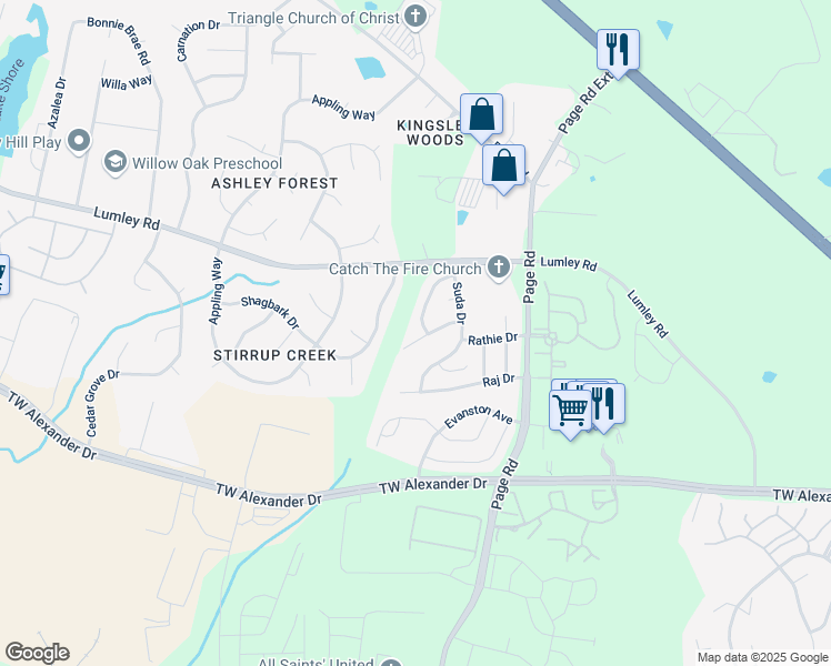map of restaurants, bars, coffee shops, grocery stores, and more near 1711 Shiva Court in Durham
