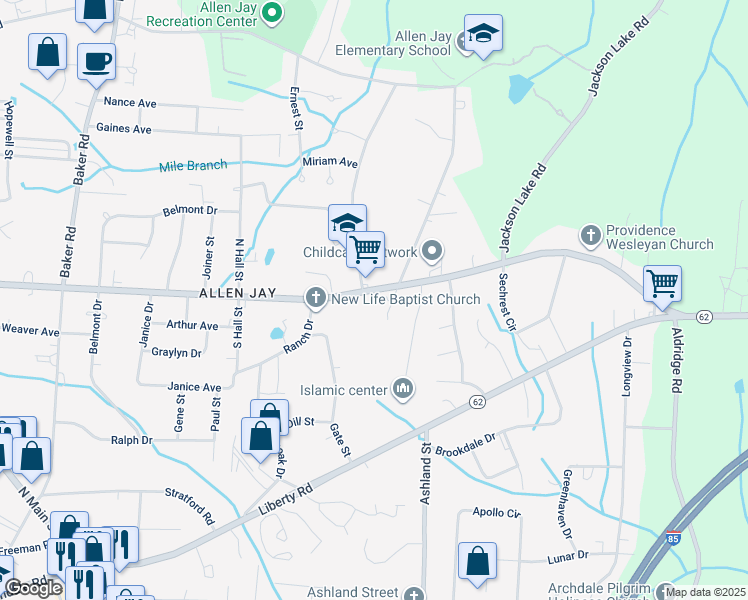 map of restaurants, bars, coffee shops, grocery stores, and more near 1204 East Fairfield Road in High Point