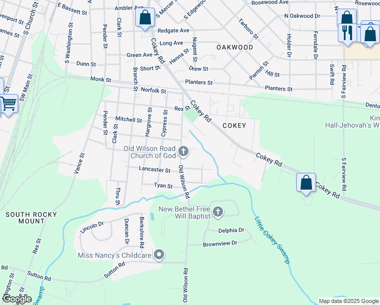 map of restaurants, bars, coffee shops, grocery stores, and more near 1429 Old Wilson Road in Rocky Mount