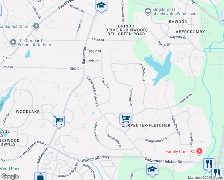 map of restaurants, bars, coffee shops, grocery stores, and more near 5504 Lacy Road in Durham