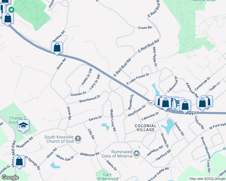 map of restaurants, bars, coffee shops, grocery stores, and more near 201 West Red Bud Road in Knoxville