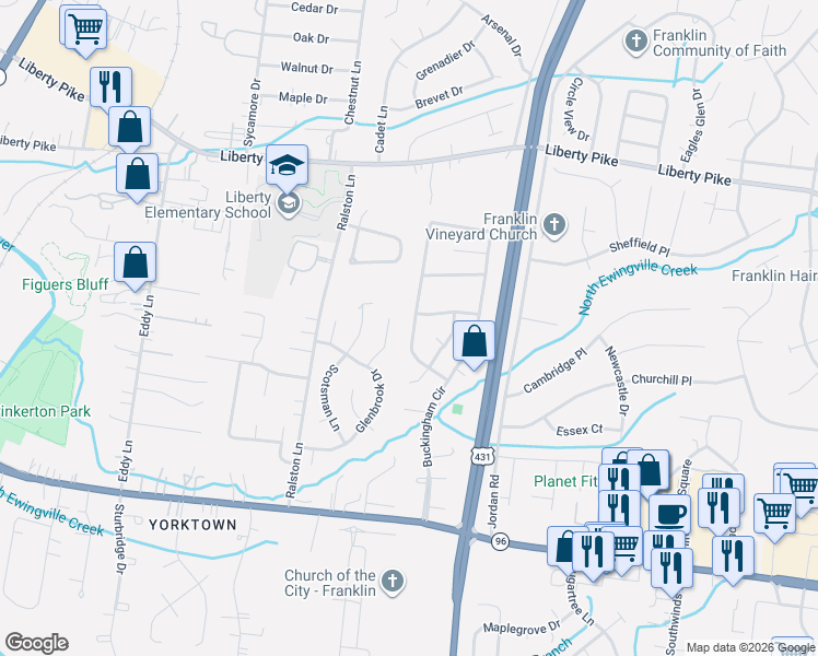 map of restaurants, bars, coffee shops, grocery stores, and more near 1378 Buckingham Circle in Franklin