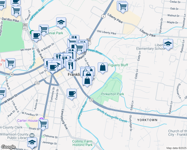 map of restaurants, bars, coffee shops, grocery stores, and more near 244 1st Avenue South in Franklin