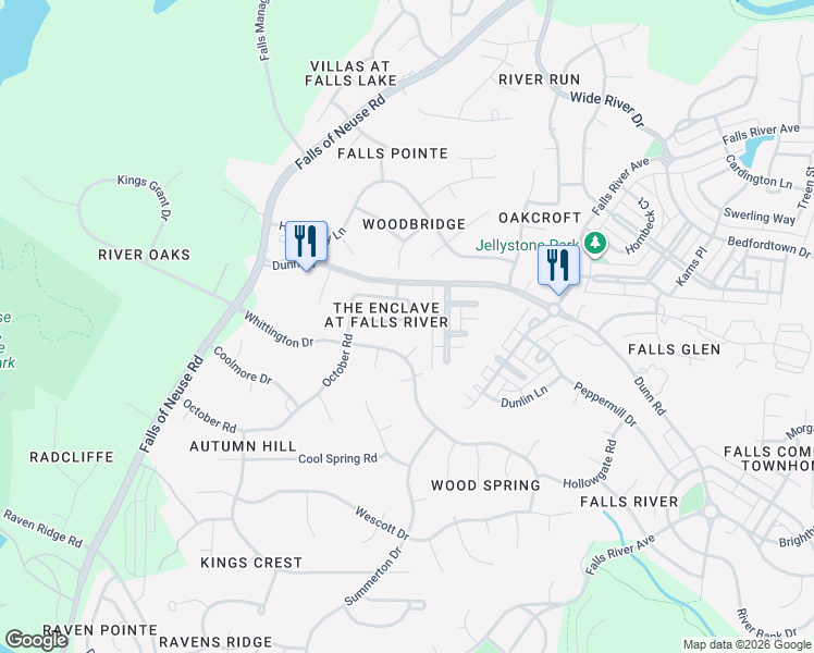 map of restaurants, bars, coffee shops, grocery stores, and more near 11205 Tinsley Court in Raleigh