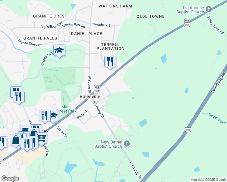 map of restaurants, bars, coffee shops, grocery stores, and more near 211 Pulley Street in Rolesville