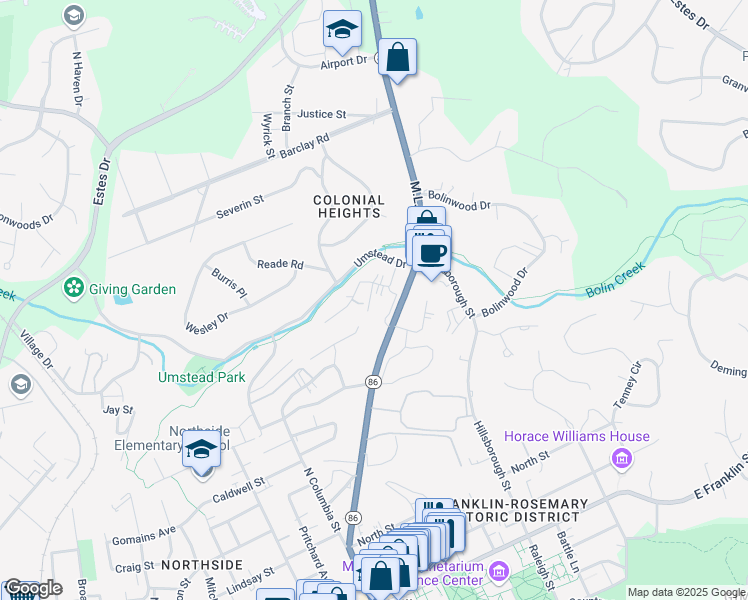 map of restaurants, bars, coffee shops, grocery stores, and more near 205 Sunrise Lane in Chapel Hill
