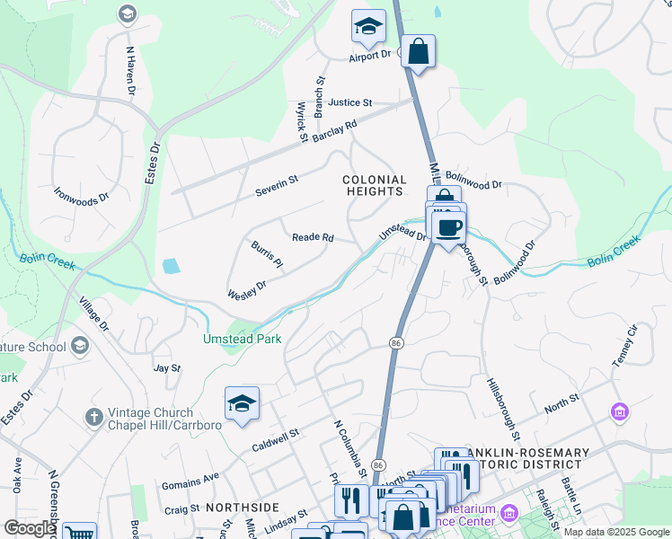 map of restaurants, bars, coffee shops, grocery stores, and more near 306 Umstead Drive in Chapel Hill