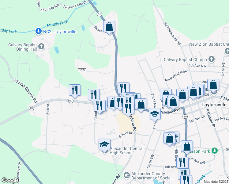 map of restaurants, bars, coffee shops, grocery stores, and more near 183 Highway 16 in Township of Taylorsville