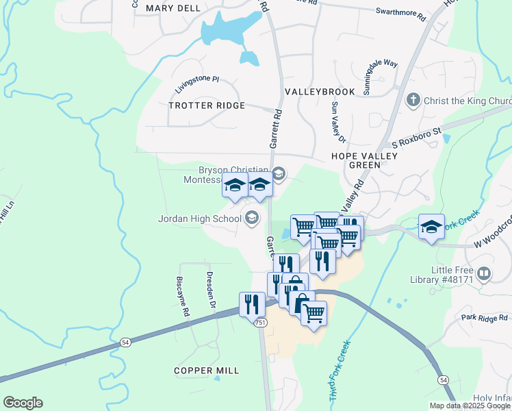 map of restaurants, bars, coffee shops, grocery stores, and more near 6806 Garrett Road in Durham