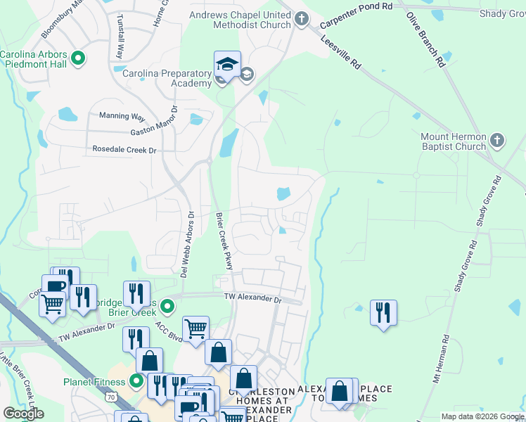 map of restaurants, bars, coffee shops, grocery stores, and more near 1338 Farm Pond Trail in Durham