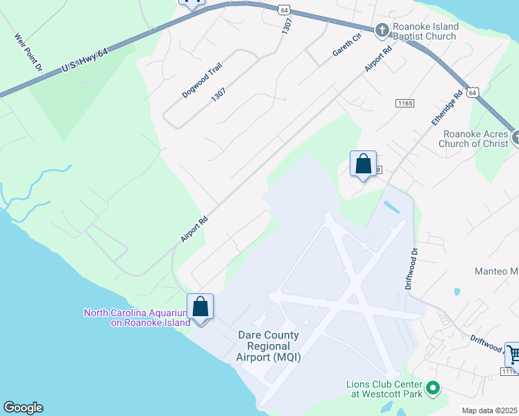 map of restaurants, bars, coffee shops, grocery stores, and more near 183 Roanoke Trail in Manteo