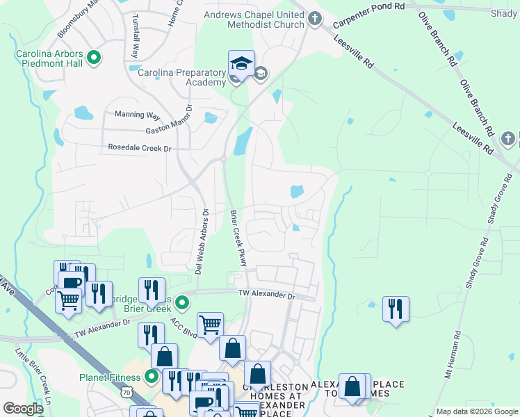 map of restaurants, bars, coffee shops, grocery stores, and more near 122 Shale Creek Drive in Durham