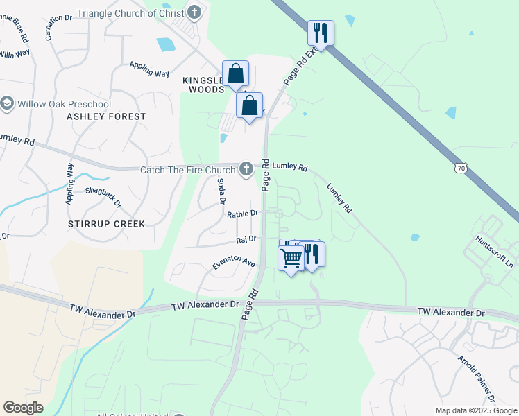 map of restaurants, bars, coffee shops, grocery stores, and more near 2109 Rathie Drive in Durham