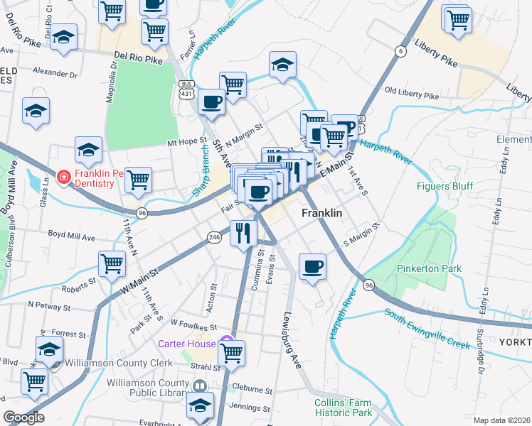 map of restaurants, bars, coffee shops, grocery stores, and more near 435 Main Street in Franklin