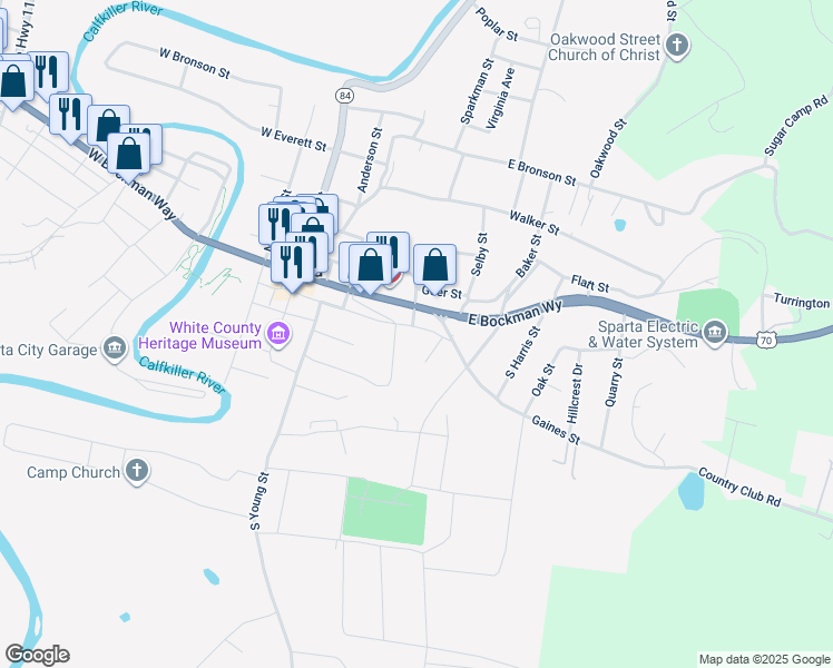 map of restaurants, bars, coffee shops, grocery stores, and more near 209 Gaines Street in Sparta