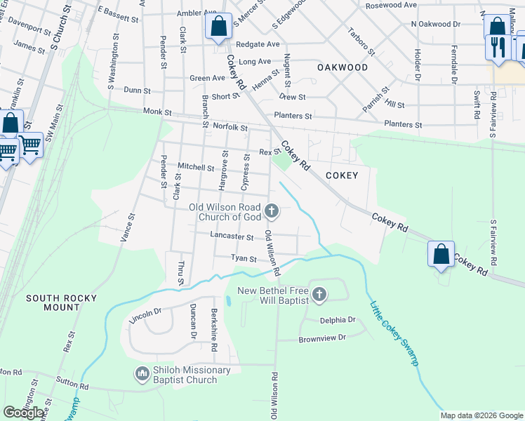 map of restaurants, bars, coffee shops, grocery stores, and more near 1502 Old Wilson Road in Rocky Mount