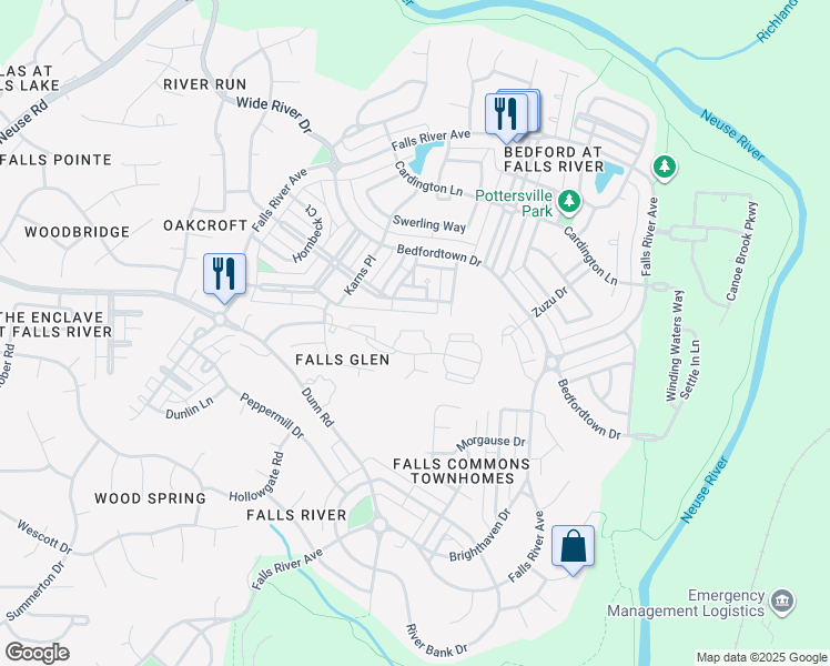 map of restaurants, bars, coffee shops, grocery stores, and more near 2120 Piney Brook Road in Raleigh