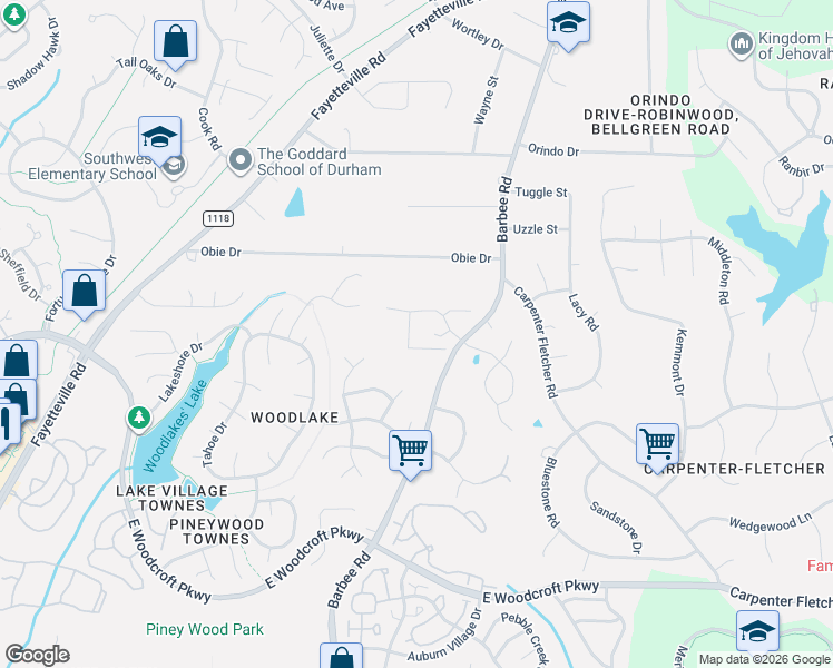 map of restaurants, bars, coffee shops, grocery stores, and more near 5 Cibola Court in Durham
